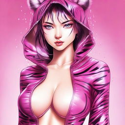 A detailed illustration of a girl in a wet, skimpy pink tiger outfit