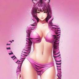 A detailed illustration of a girl in a wet, skimpy pink tiger outfit