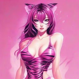 A detailed illustration of a girl in a wet, skimpy pink tiger outfit