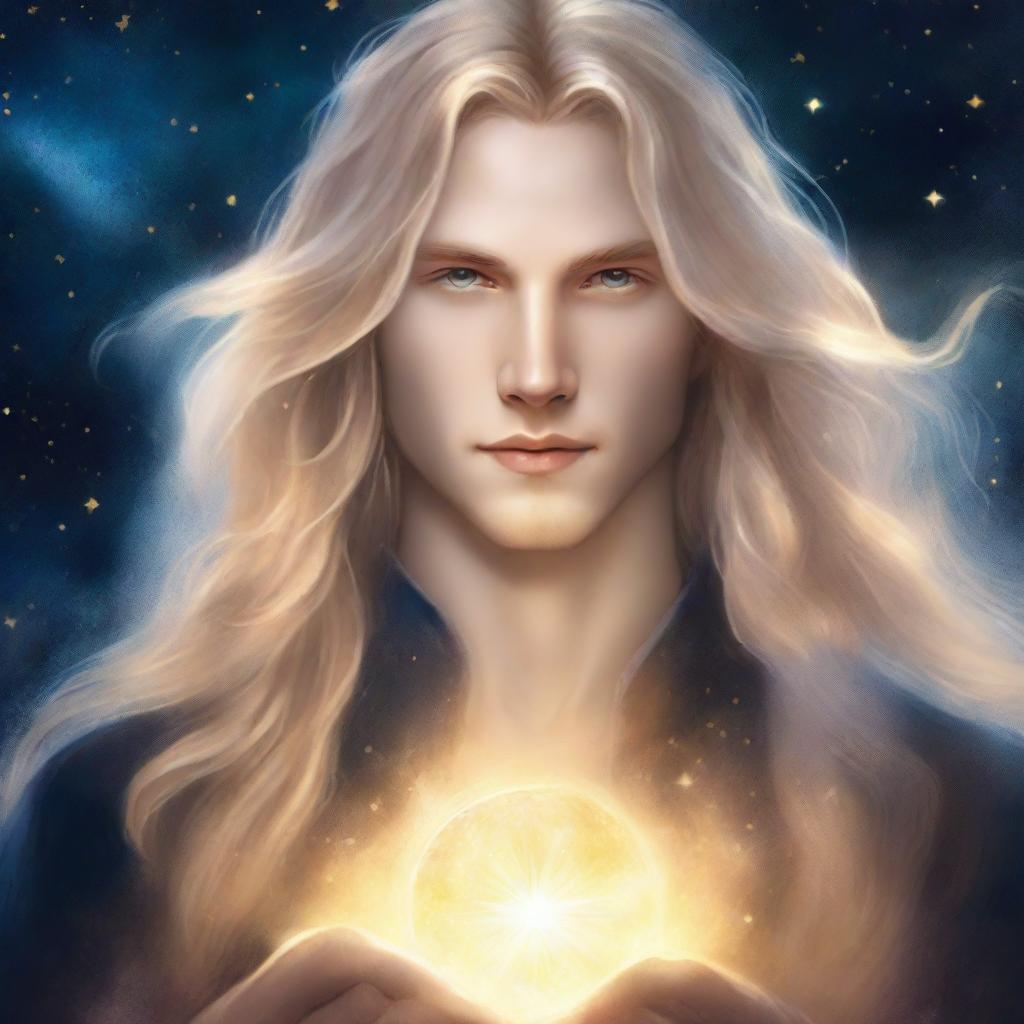 A book cover featuring a male character with long blonde hair and bright golden eyes