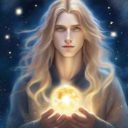 A book cover featuring a male character with long blonde hair and bright golden eyes