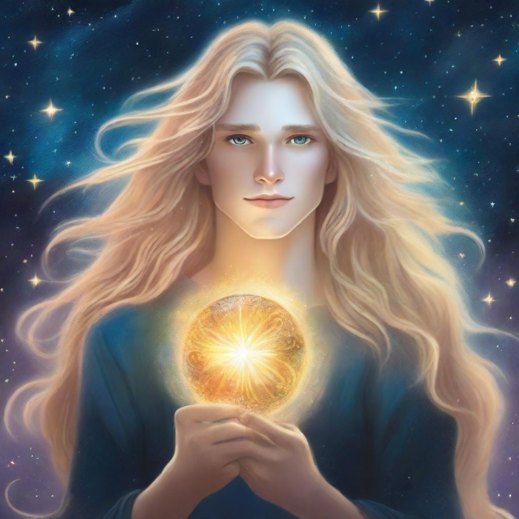 A book cover featuring a male character with long blonde hair and bright golden eyes