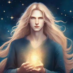 A book cover featuring a male character with long blonde hair and bright golden eyes