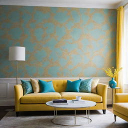 Illustrate a luxurious, minimalist living room accented with touches of turquoise patterned wallpaper and a yellow sofa.