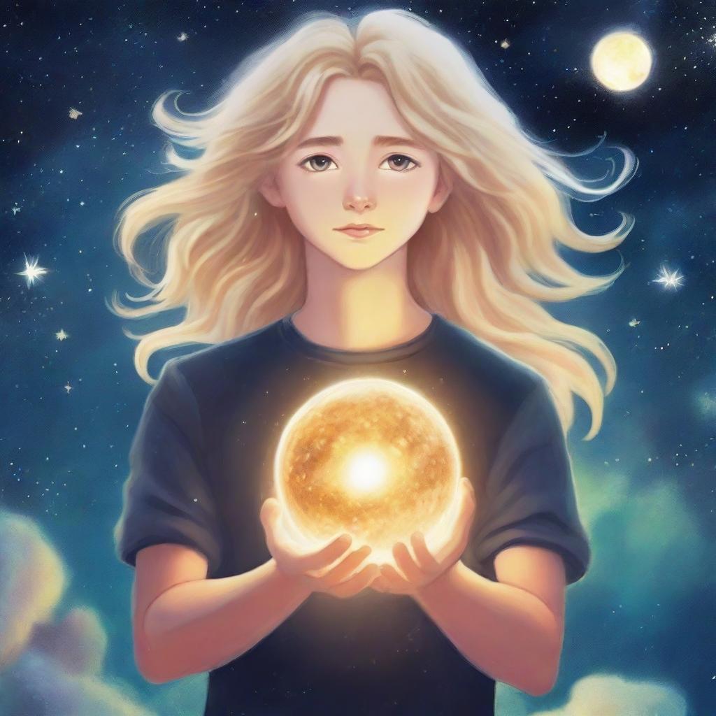 A book cover titled 'Hijo de la Luna' featuring a teenage male character with long blonde hair and bright golden eyes