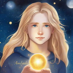 A book cover titled 'Hijo de la Luna' featuring a teenage male character with long blonde hair and bright golden eyes