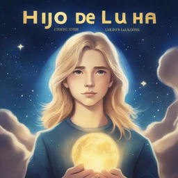 A book cover titled 'Hijo de la Luna' featuring a teenage male character with long blonde hair and bright golden eyes