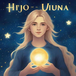 A book cover titled 'Hijo de la Luna' featuring a teenage male character with long blonde hair and bright golden eyes