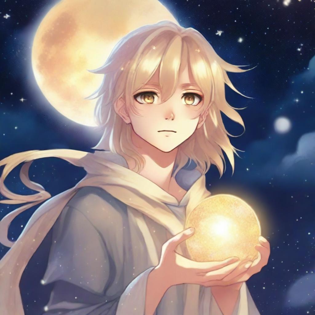 A book cover titled 'Hijo de la Luna' featuring a teenage male character with long blonde hair and bright golden eyes in anime style