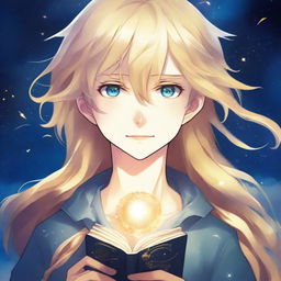 A book cover titled 'Hijo de la Luna' featuring a teenage male character with long blonde hair and bright golden eyes in anime style