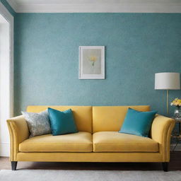 Illustrate a luxurious, minimalist living room accented with touches of turquoise patterned wallpaper and a yellow sofa.