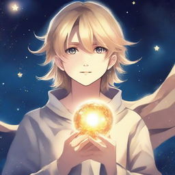 A book cover titled 'Hijo de la Luna' featuring a teenage male character with long blonde hair and bright golden eyes in anime style