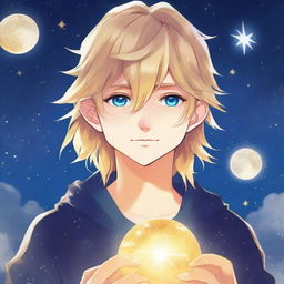 A book cover titled 'Hijo de la Luna' featuring a teenage male character with long blonde hair and bright golden eyes in anime style