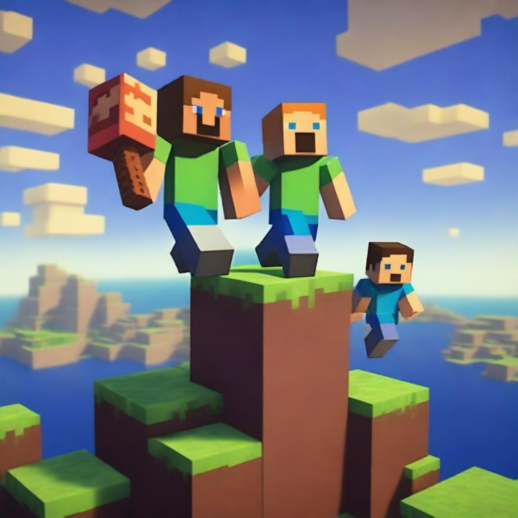 A vibrant scene of three friends playing Minecraft One Block together