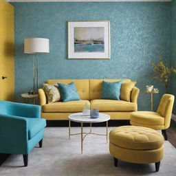 Illustrate a luxurious, minimalist living room accented with touches of turquoise patterned wallpaper and a yellow sofa.