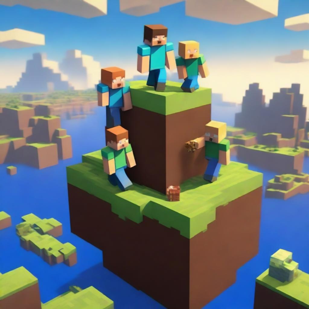 A vibrant scene of three friends playing Minecraft One Block together