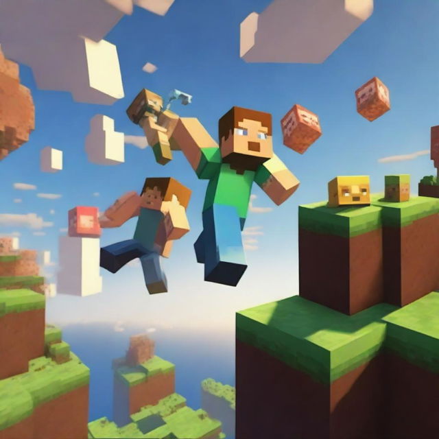 A vibrant scene of three friends playing Minecraft One Block together