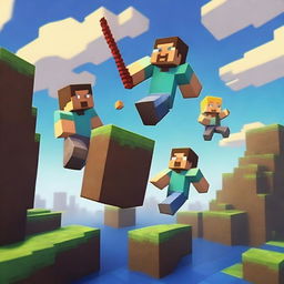 A vibrant scene of three friends playing Minecraft One Block together