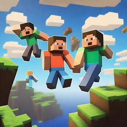 A vibrant scene of three friends playing Minecraft One Block together