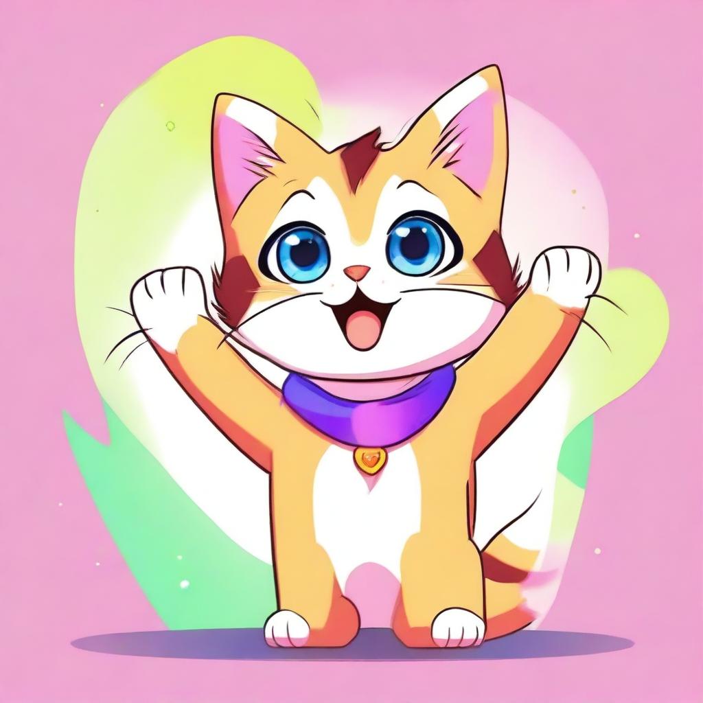 A cute cat with big eyes and a happy expression, holding its paws up to the camera