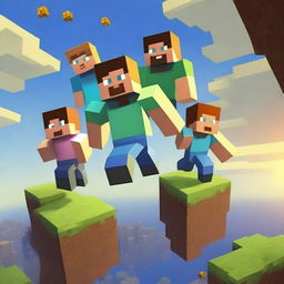 A vibrant scene of three friends playing Minecraft One Block together