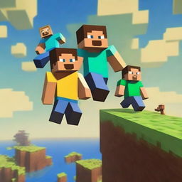 A vibrant scene of three friends playing Minecraft One Block together