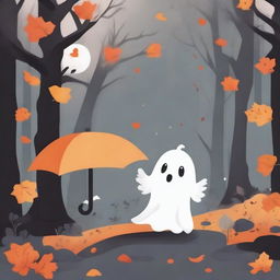 A little ghost holding an umbrella in the woods, surrounded by trees and flowers with falling leaves