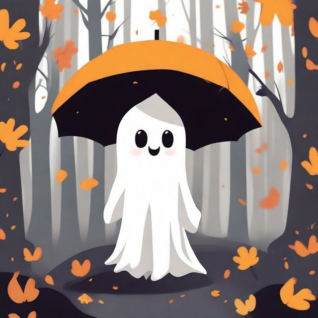 A little ghost holding an umbrella in the woods, surrounded by trees and flowers with falling leaves