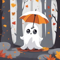 A little ghost holding an umbrella in the woods, surrounded by trees and flowers with falling leaves