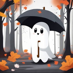 A little ghost holding an umbrella in the woods, surrounded by trees and flowers with falling leaves