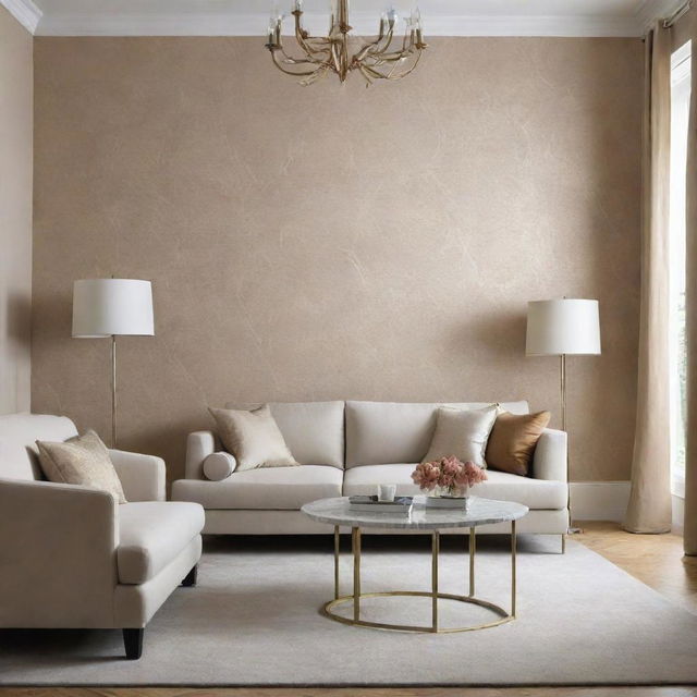 Create a luxurious, minimalist living room incorporating warm tone touches of wallpaper.