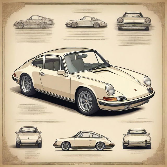 A highly detailed poster of a classic Porsche 911 car, rendered in the art style of Leonardo da Vinci