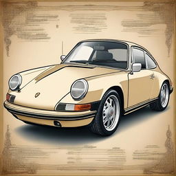 A highly detailed poster of a classic Porsche 911 car, rendered in the art style of Leonardo da Vinci