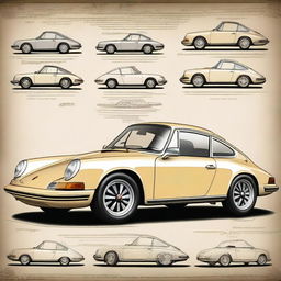 A highly detailed poster of a classic Porsche 911 car, rendered in the art style of Leonardo da Vinci