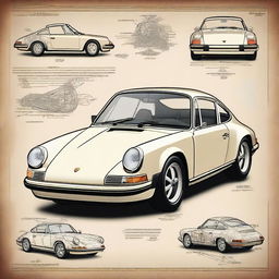 A highly detailed poster of a classic Porsche 911 car, rendered in the art style of Leonardo da Vinci