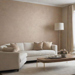 Create a luxurious, minimalist living room incorporating warm tone touches of wallpaper.