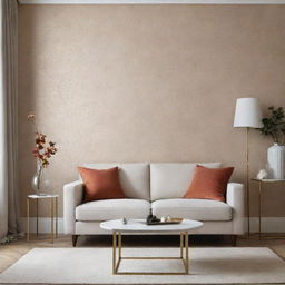 Create a luxurious, minimalist living room incorporating warm tone touches of wallpaper.