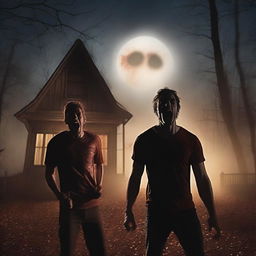 Two very attractive athletic young men screaming in terror during a Halloween horror night