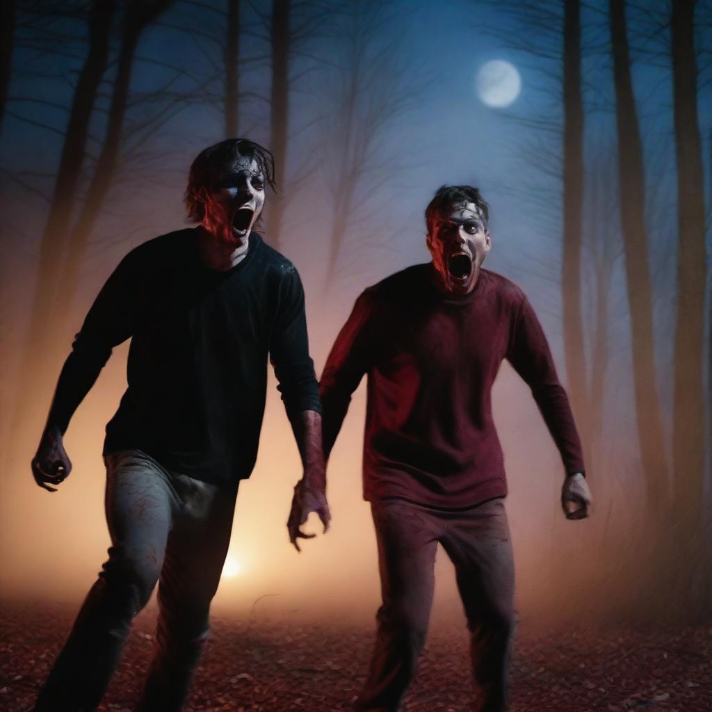 Two very attractive athletic young men screaming in terror during a Halloween night