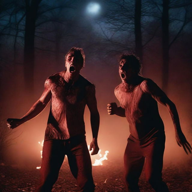 Two hot athletic young men screaming in terror during a Halloween night