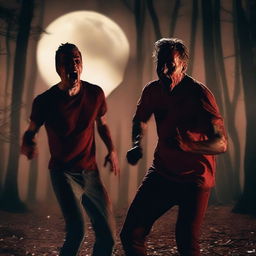 Two hot athletic young men screaming in terror during a Halloween night