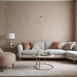 Create a luxurious, minimalist living room incorporating warm tone touches of wallpaper.