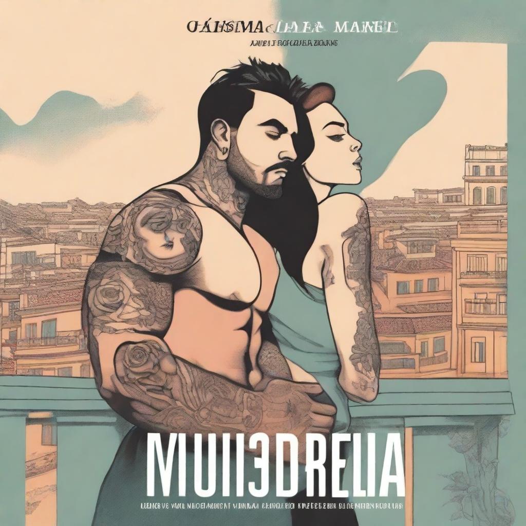 Create an image of a strong man with tattoos on a balcony, and a woman on the balcony next to him