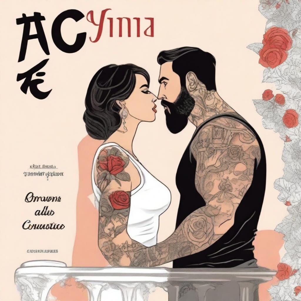 Create an image of a strong man with tattoos on a balcony, and a woman on the balcony next to him