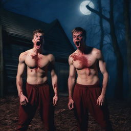 Two very hot athletic young men screaming in the night, with blood splatters around them