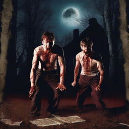 Two very hot athletic young men screaming in the night, with blood splatters around them