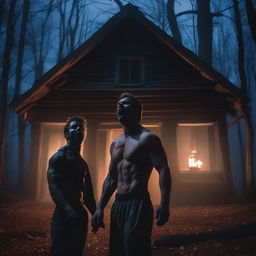 Two very attractive, physically fit young men screaming in a dark, eerie forest