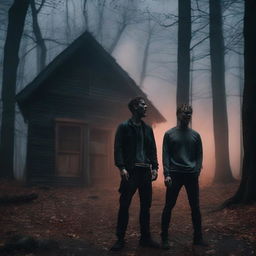 Two very attractive, physically fit young men screaming in a dark, eerie forest