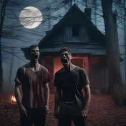 Two very attractive, physically fit young men screaming in a dark, eerie forest