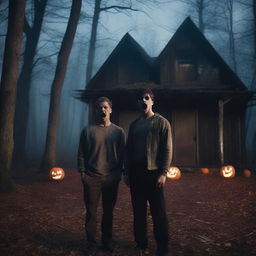 Two very attractive, physically fit young men screaming in a dark, eerie forest